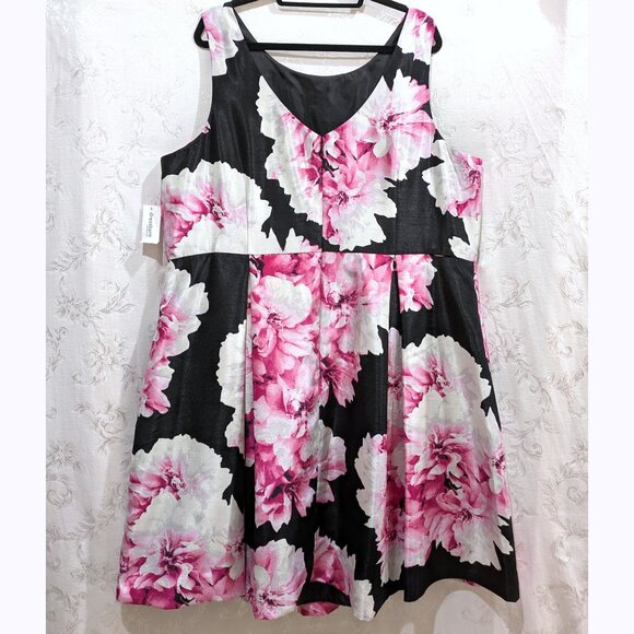 Floral Pleated Full Flare Dress 24 Shantung Bow Belt Pockets Retro Prom Party - Picture 4 of 6